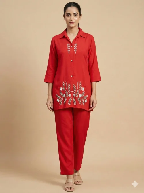 Embroidery Trendy Red Tunic With Trouser - Embroidery Trendy Red Tunic With Trouser - Kottons Embroidery Trendy Red Tunic With Trouser