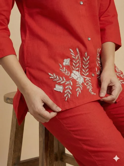 Embroidery Trendy Red Tunic With Trouser - Embroidery Trendy Red Tunic With Trouser - Kottons Embroidery Trendy Red Tunic With Trouser