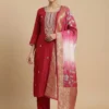 Elegant Embroidery Red Kurta with Pant and Digital Dupatta