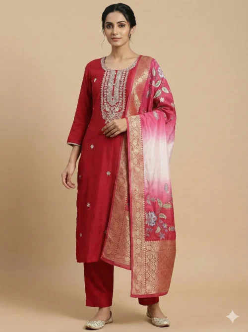 Elegant Embroidery Red Kurta with Pant and Digital Dupatta