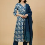 Vibrant Blue Floral Printed Cotton Kurta With Palazzo & Dupatta