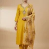 Stylish Heavy Embroidery Yellow Kurta with Pant and Dupatta