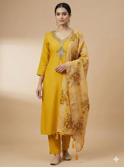 Stylish Heavy Embroidery Yellow Kurta with Pant and Dupatta