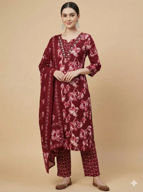 Stunning Red Color Beautifully Floral Printed Jaipuri Kurta with Pant and Dupatta - Red Color Beautifully Floral Printed Jaipuri Kurta with Pant and Dupatta - Kottons Stunning Red Color Beautifully Floral Printed Jaipuri Kurta with Pant and Dupatta