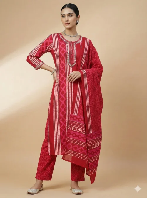 Breezy Women Pink Printed Kurta with Pant & Dupatta