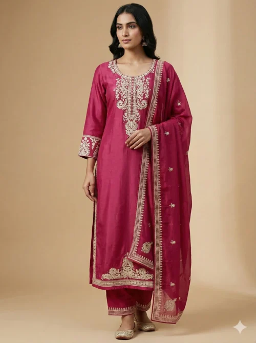 Beautiful Lace Work Pink Kurta with Pant and Dupatta