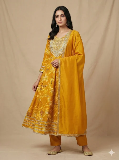 Trendy Yellow Color Embroidered and Printed Kurta with Pant and Dupatta