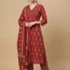 Elegantly Printed Red Kurta with Pant & Dupatta