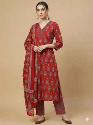 Elegantly Printed Red Kurta with Pant & Dupatta