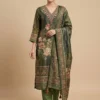 Handcrafted Green Printed with Mirror Work Kurta with Pant and Dupatta - Green Printed with Mirror Work Kurta with Pant and Dupatta - Kottons Handcrafted Green Printed with Mirror Work Kurta with Pant and Dupatta