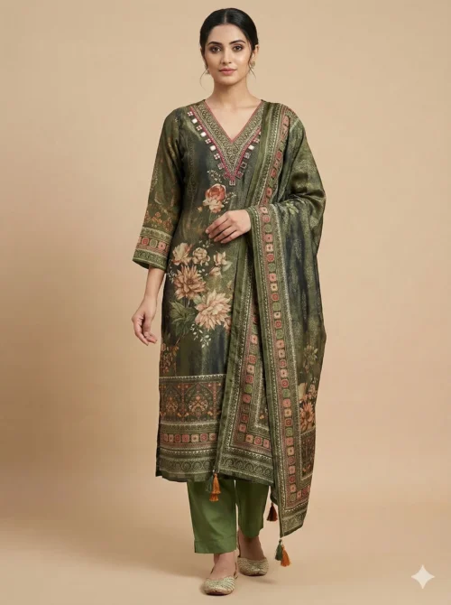 Handcrafted Green Printed with Mirror Work Kurta with Pant and Dupatta - Green Printed with Mirror Work Kurta with Pant and Dupatta - Kottons Handcrafted Green Printed with Mirror Work Kurta with Pant and Dupatta