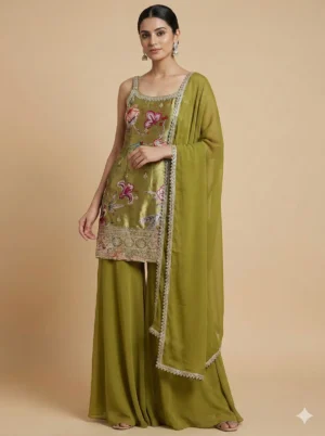 Green Flower Printed Kurta with Sharara and Dupatta