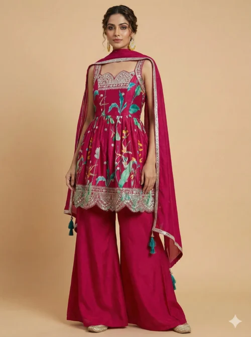 Flower Printed Kurta with Sharara and Dupatta - Flower Printed Kurta with Sharara and Dupatta - Kottons Flower Printed Kurta with Sharara and Dupatta