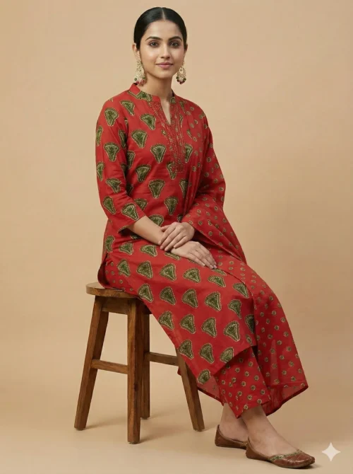 Pure Cotton Printed Red Kurta with Pant & Dupatta - Pure Cotton Printed Red Kurta with Pant & Dupatta - Kottons Pure Cotton Printed Red Kurta with Pant & Dupatta