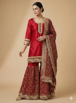 Beautiful Mirror Work Kurta with Heavy Sharara and Banarasi Dupatta
