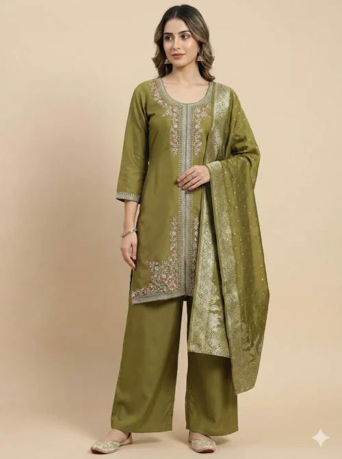 Stylish Embroidered Green Kurta with Pant and Dupatta