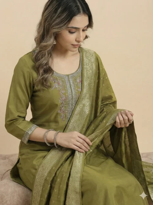 Stylish Embroidered Green Kurta with Pant and Dupatta