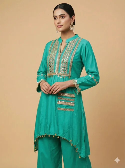 Turquoise Color Mirror Work Kurta With Pant - Turquoise Color Mirror Work Kurta With Pant - Kottons Turquoise Color Mirror Work Kurta With Pant