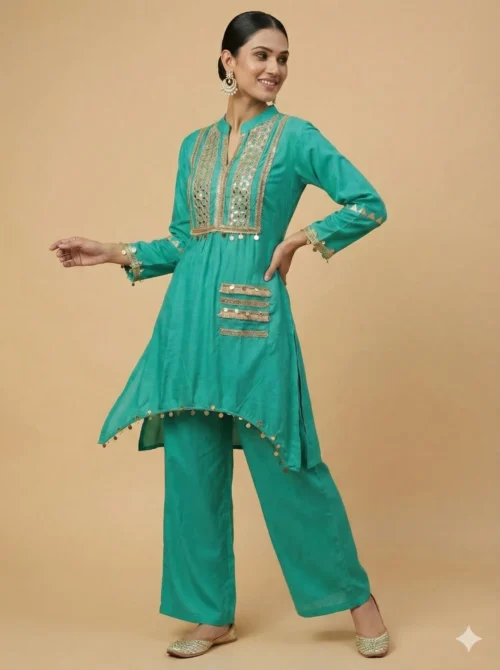 Turquoise Color Mirror Work Kurta With Pant - Turquoise Color Mirror Work Kurta With Pant - Kottons Turquoise Color Mirror Work Kurta With Pant
