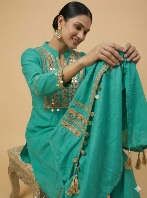 Turquoise Color Mirror Work Kurta With Pant - Turquoise Color Mirror Work Kurta With Pant - Kottons Turquoise Color Mirror Work Kurta With Pant