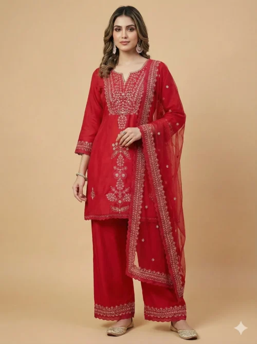 Stylish Embroidered Pink Kurta with Pant and Dupatta