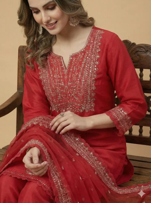 Stylish Embroidered Pink Kurta with Pant and Dupatta