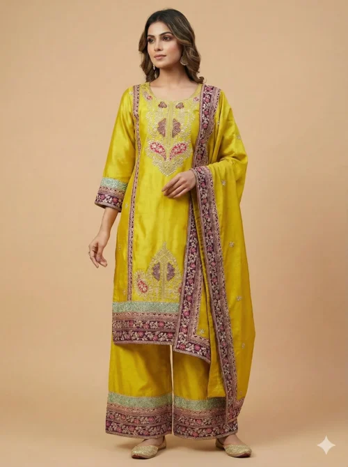 Elegant Embroidery Kurta with Plazzo & Dupatta - Elegant Embroidery Kurta with Plazzo & Dupatta - Kottons Elegant Embroidery Kurta with Plazzo & Dupatta
