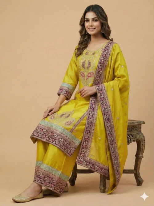 Elegant Embroidery Kurta with Plazzo & Dupatta - Elegant Embroidery Kurta with Plazzo & Dupatta - Kottons Elegant Embroidery Kurta with Plazzo & Dupatta
