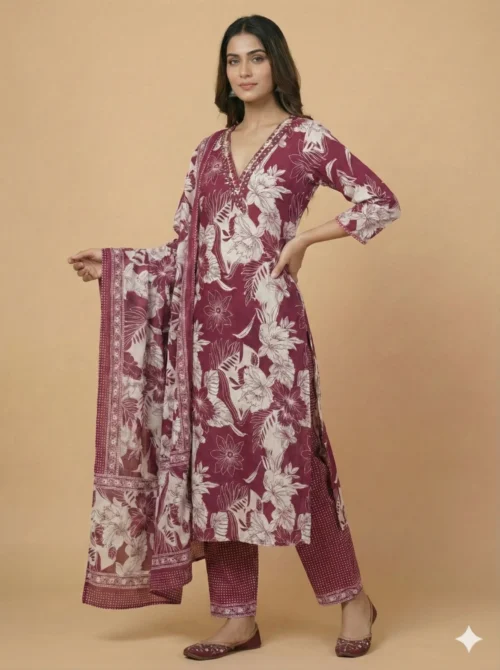 Beautifully Printed Kurta with Pant and Dupatta - Beautifully Printed Kurta with Pant and Dupatta - Kottons Beautifully Printed Kurta with Pant and Dupatta