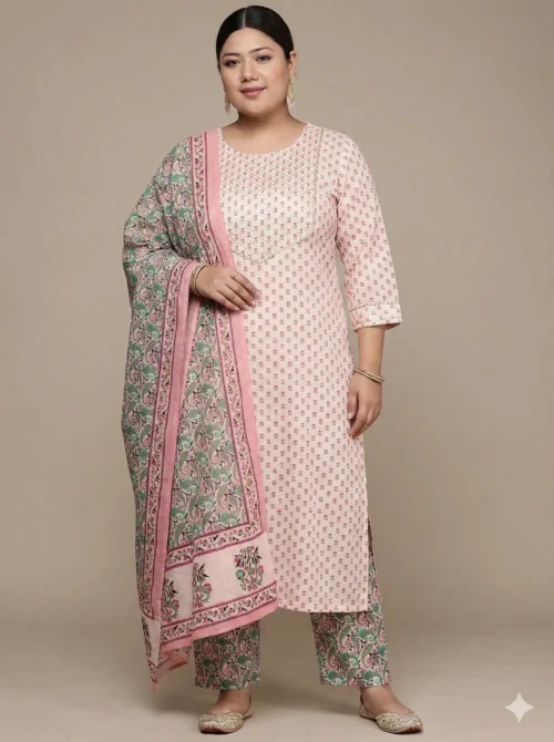 Pink Color Beautifully Printed Pure Cotton Plus Size Kurta with Pant and Dupatta