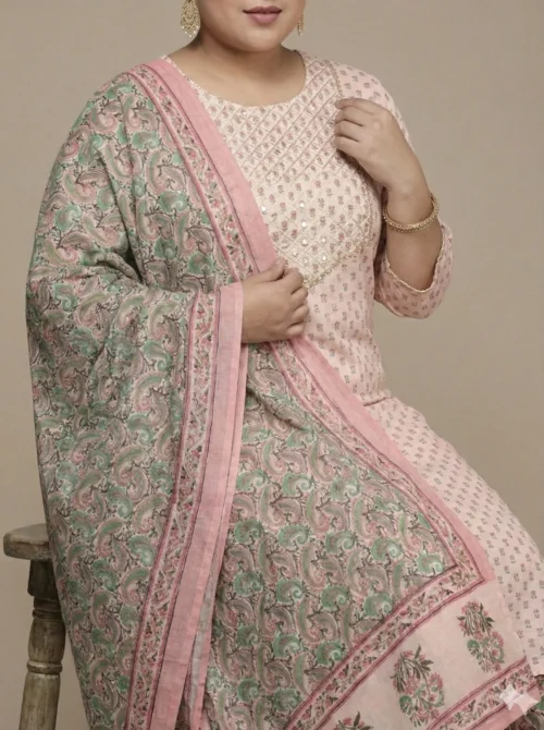 Pink Color Beautifully Printed Pure Cotton Plus Size Kurta with Pant and Dupatta