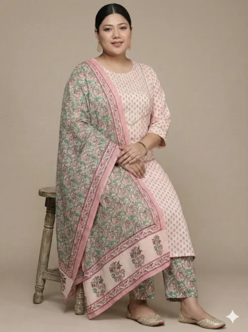 Pink Color Beautifully Printed Pure Cotton Plus Size Kurta with Pant and Dupatta