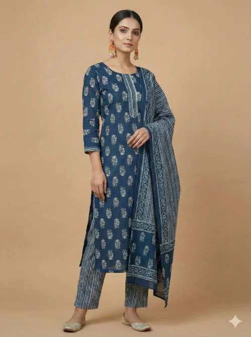 Stunning Blue Color Elegantly Printed Jaipuri Kurta with Pant and Dupatta - Blue Color Elegantly Printed Jaipuri Kurta with Pant and Dupatta - Kottons Stunning Blue Color Elegantly Printed Jaipuri Kurta with Pant and Dupatta