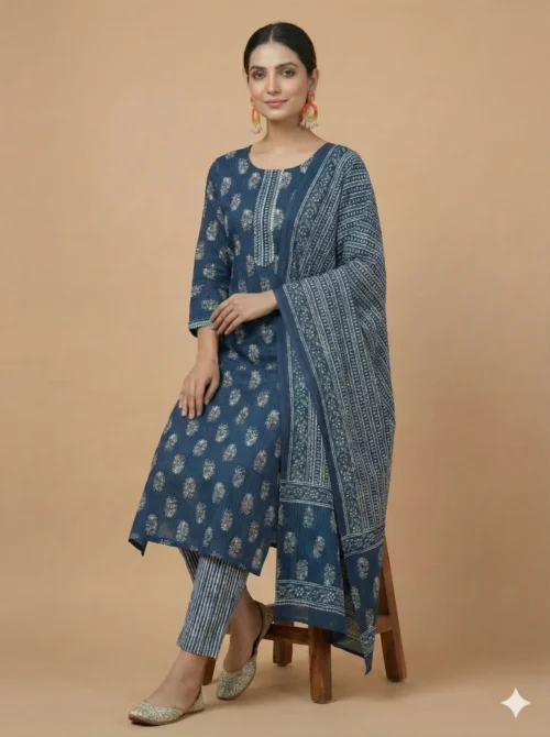 Stunning Blue Color Elegantly Printed Jaipuri Kurta with Pant and Dupatta - Blue Color Elegantly Printed Jaipuri Kurta with Pant and Dupatta - Kottons Stunning Blue Color Elegantly Printed Jaipuri Kurta with Pant and Dupatta
