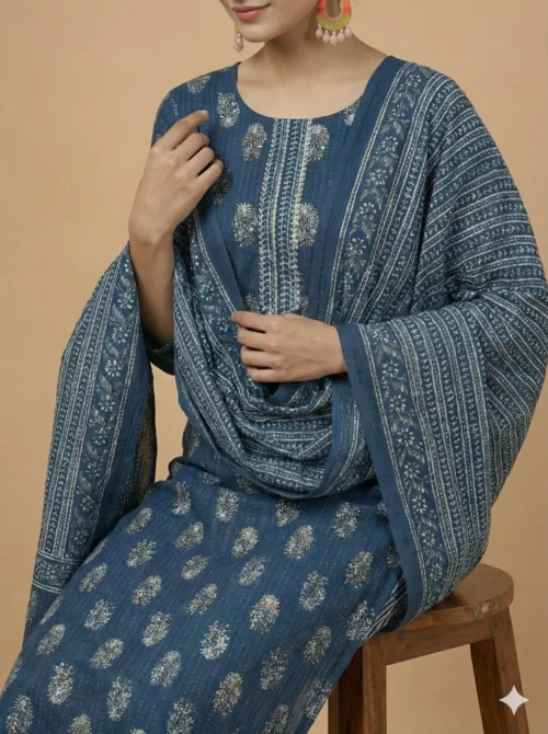 Stunning Blue Color Elegantly Printed Jaipuri Kurta with Pant and Dupatta - Blue Color Elegantly Printed Jaipuri Kurta with Pant and Dupatta - Kottons Stunning Blue Color Elegantly Printed Jaipuri Kurta with Pant and Dupatta