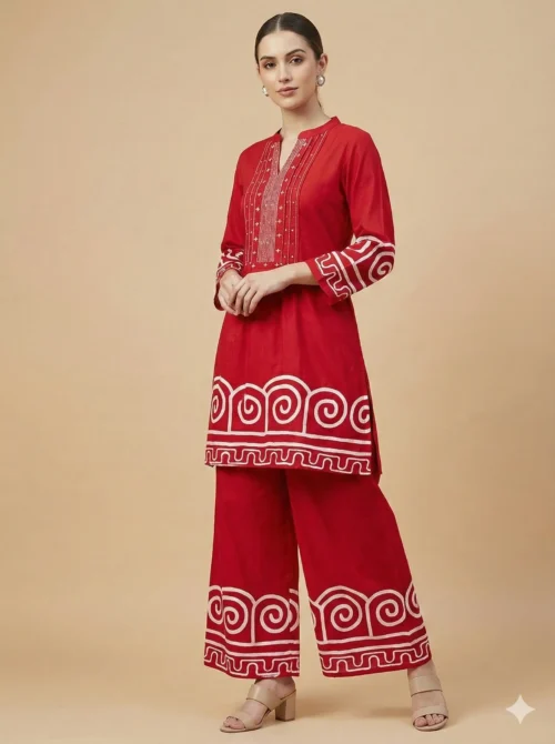 Red Printed Pure Cotton Kurta With Plazzo