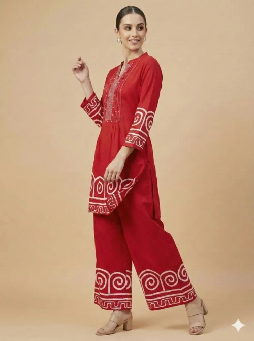 Red Printed Pure Cotton Kurta With Plazzo