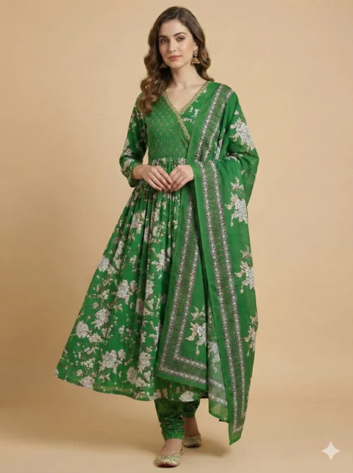 Green Anarkali Trendy Kurta with Pant and Dupatta
