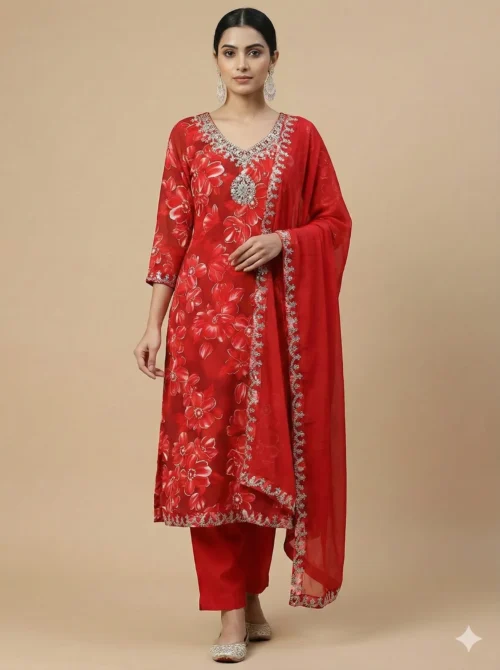 Stylish Printed Red Kurta with Pant and Dupatta