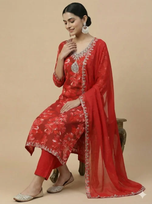 Stylish Printed Red Kurta with Pant and Dupatta