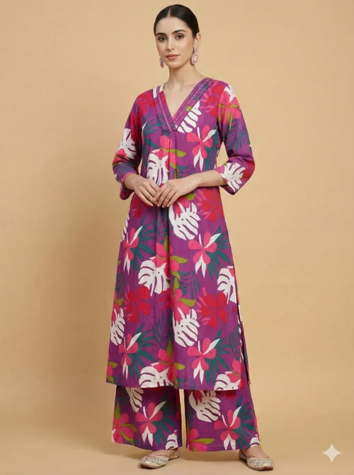 Purple Beautiful Floral Print Kurti With Pant - Purple Beautiful Floral Print Kurti With Pant - Kottons Purple Beautiful Floral Print Kurti With Pant