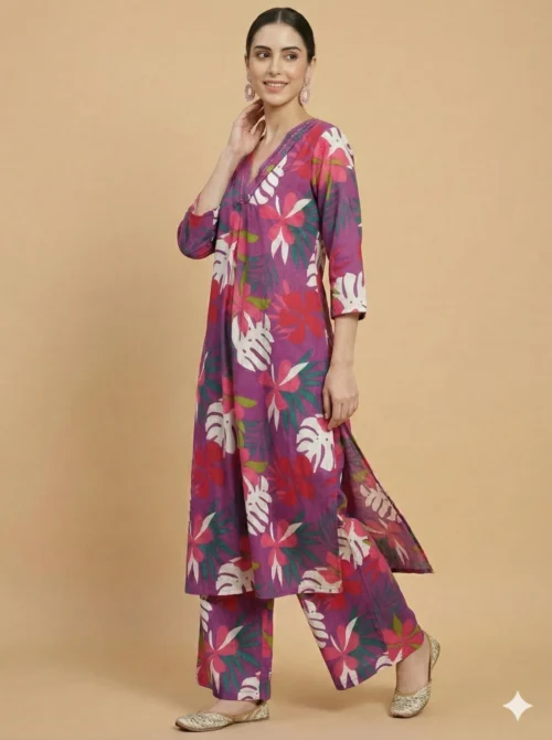 Purple Beautiful Floral Print Kurti With Pant - Purple Beautiful Floral Print Kurti With Pant - Kottons Purple Beautiful Floral Print Kurti With Pant