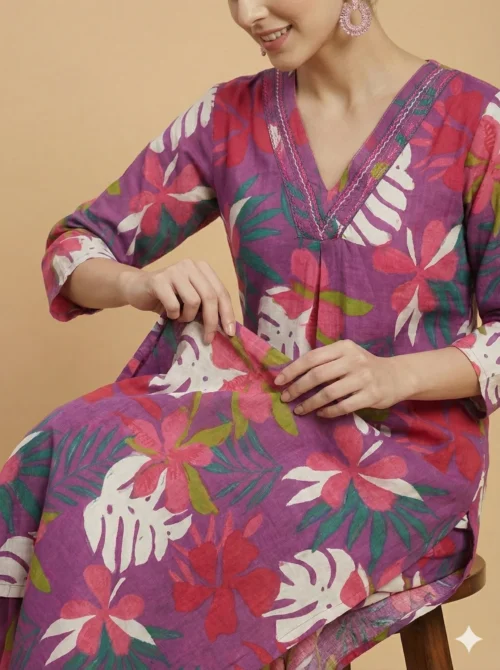 Purple Beautiful Floral Print Kurti With Pant - Purple Beautiful Floral Print Kurti With Pant - Kottons Purple Beautiful Floral Print Kurti With Pant