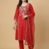 Elegantly Embroidery Red Kurta with Pant & Dupatta