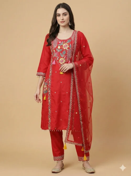 Elegantly Embroidery Red Kurta with Pant & Dupatta