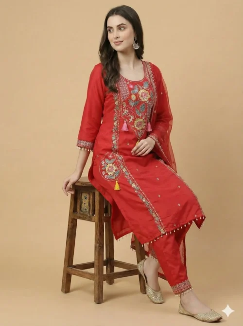 Elegantly Embroidery Red Kurta with Pant & Dupatta
