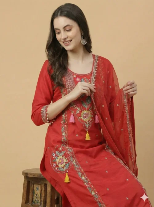 Elegantly Embroidery Red Kurta with Pant & Dupatta