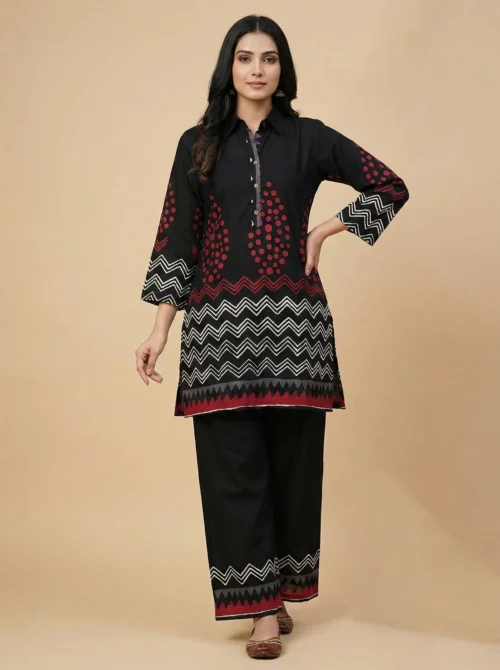 Printed Black Pure Cotton Tunic With Trouser - Printed Black Pure Cotton Tunic With Trouser - Kottons Printed Black Pure Cotton Tunic With Trouser