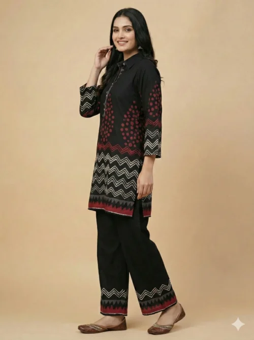 Printed Black Pure Cotton Tunic With Trouser - Printed Black Pure Cotton Tunic With Trouser - Kottons Printed Black Pure Cotton Tunic With Trouser