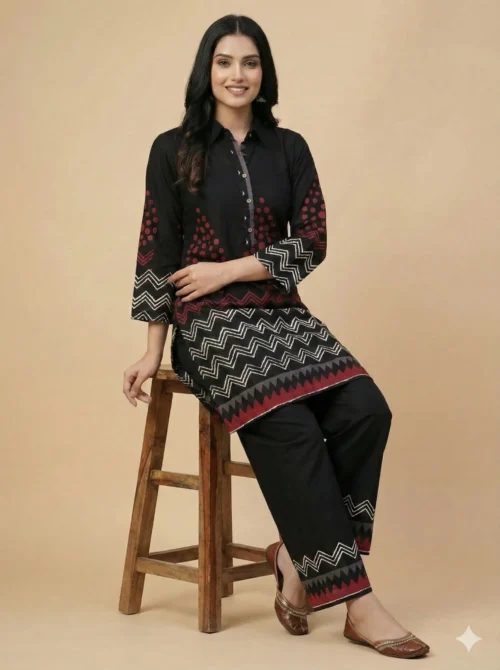 Printed Black Pure Cotton Tunic With Trouser - Printed Black Pure Cotton Tunic With Trouser - Kottons Printed Black Pure Cotton Tunic With Trouser